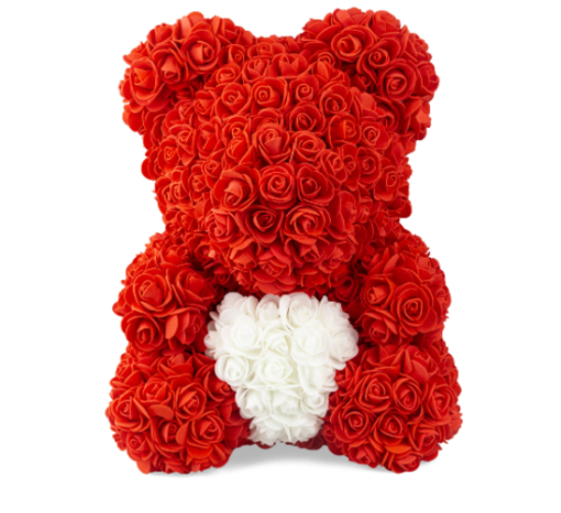 ROSE BEAR - ČERVENÝ MEDVÍDEK Z RŮŽÍ se srdíčkem 40CM V DÁRKOVÉM BALENÍ