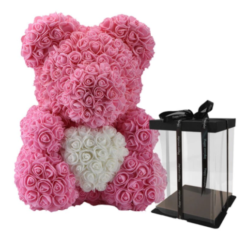 ROSE BEAR - RŮŽOVÝ MEDVÍDEK Z RŮŽÍ se srdíčkem 35CM V DÁRKOVÉM BALENÍ